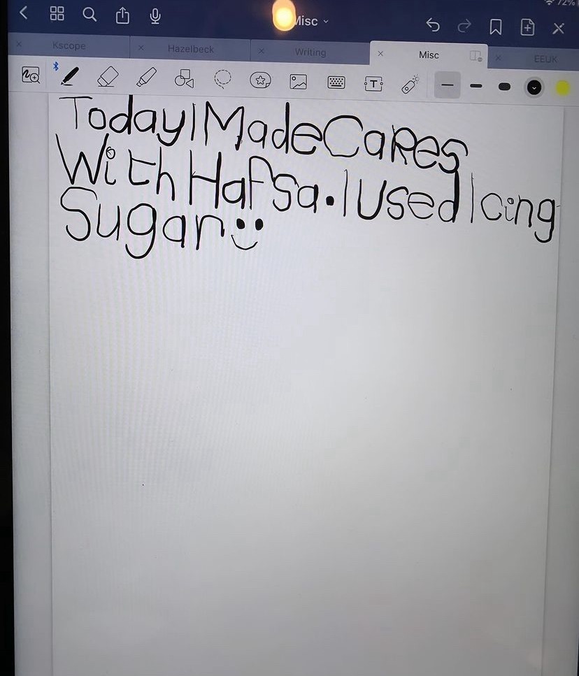 Jake has written on an iPad. It reads ‘Today I made cakes with Hafsa. I used icing sugar’. 